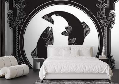 two fishes with vintage frame  background black design vector handmade silhouette Wall mural