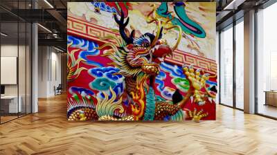 Colorful Dragon Decoration on festive background at Chinese Temple, Bangkok, Thailand. Wall mural