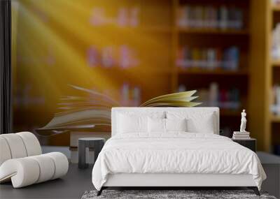 Open Book on wood table and blurred bookshelf in the library, education background, back to school concept. Wall mural