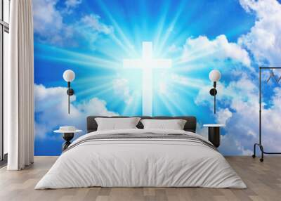 Silhouette Cross Crucifixion Of Jesus Christ with blue sky and beautiful clouds background, Easter concept. Wall mural