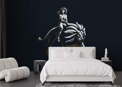 Sign of the zodiac Leo. A woman is riding a lion. Vector illustration. Wall mural