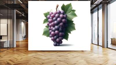 A bunch of purple grapes with grape leaves on a white background.with AI generated Wall mural