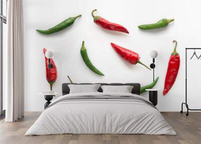 Red and Green hot chilli peppers isolated. Food background. Top view.  Wall mural