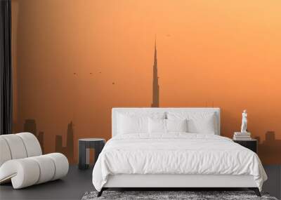 DUBAI SKYLINE UNDER SUNRISE, TWO LANDMARKS, BURJ AL ARAB AND BURJ KHALIFA, THE TALLEST BUILDING IN THE WORLD Wall mural