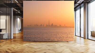 DUBAI SKYLINE UNDER SUNRISE, TWO LANDMARKS, BURJ AL ARAB AND BURJ KHALIFA, THE TALLEST BUILDING IN THE WORLD Wall mural