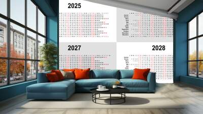 2025 2026 2027 2028 linear calendar, 12 months wall or desk planner with each month in row, vector template, french month names Wall mural