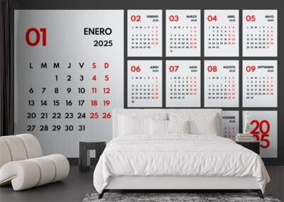 2025 year monthly office planner, calendar starts monday, two red weekends, white background, spanish months name Wall mural