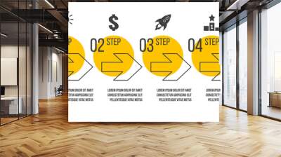 4 steps business process diagram. Four options vector infographics template. Strategy or marketing plan flow chart. Presentation layout with yellow circles and arrows. Wall mural