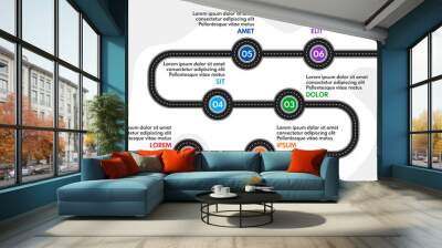 6 steps road map or timeline progress infographic, vector template Wall mural