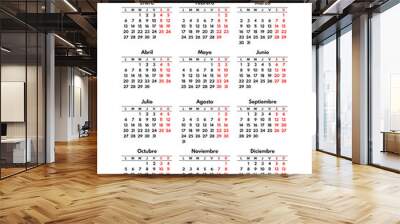 simple 2020 spanish calendar grid, starts monday, two weekend Wall mural