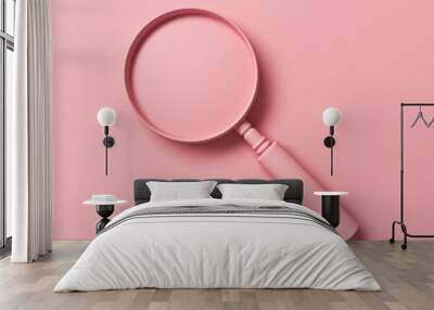 3d pink Magnifying glass isolated on pink pastel color background with shadow 3D rendering Wall mural