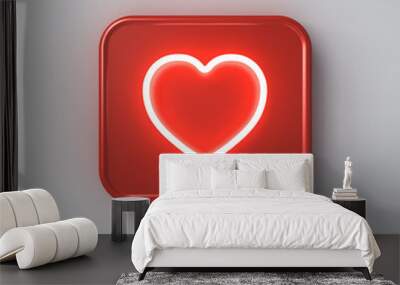 3d social media notification neon light love like heart icon in red rounded square pin isolated on white wall background with shadow 3D rendering Wall mural