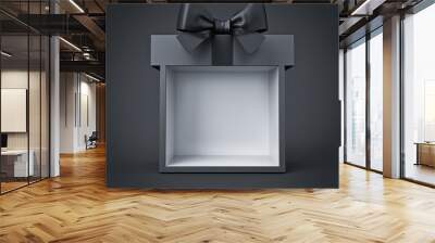 Blank black gift box product display with black ribbon bow isolated on dark background minimal black friday super sale conceptual 3D rendering Wall mural