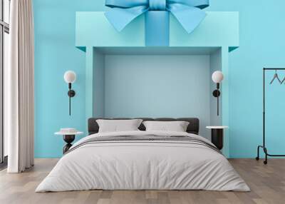 Blank blue gift box showcase display stand with blue ribbon bow isolated on blue pastel color background with shadow minimal conceptual 3D rendering Wall mural