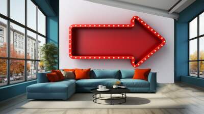 blank red arrow sign board with retro yellow neon light bulbs isolated on white wall background with Wall mural