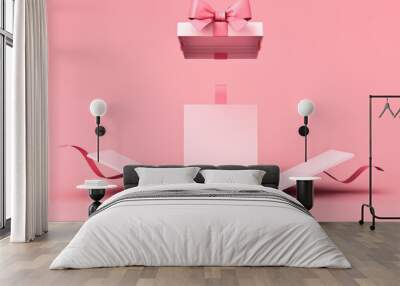 Blank sweet pink pastel color present box or open gift box with pink ribbon and bow isolated on pink background with shadow minimal concept 3D rendering Wall mural