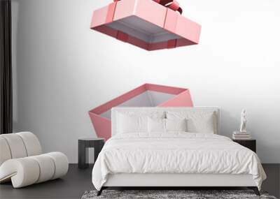 Blank sweet pink pastel color present box or open gift box with pink ribbon and bow isolated on white background with shadow minimal conceptual 3D rendering Wall mural