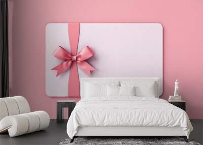 Blank white gift card or gift voucher with pink ribbon bow isolated on pink pastel color background with shadow minimal concept 3D rendering Wall mural