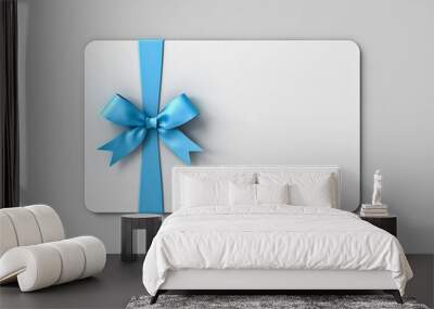 Blank white gift card with blue ribbon bow isolated on gray background with shadow minimal concept 3D rendering Wall mural