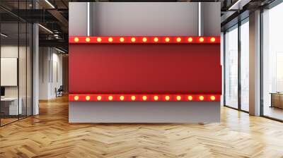 Hanging blank red long sign banner or retro billboard display box or blank long red signboard with glowing yellow neon light bulbs isolated on dark white wall background with shadow 3D rendering Wall mural