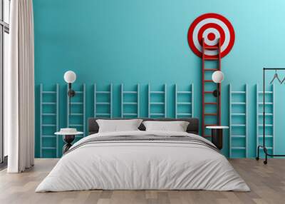 Long red ladder to goal target the business concept on blue pastel color background with shadows  3D rendering Wall mural