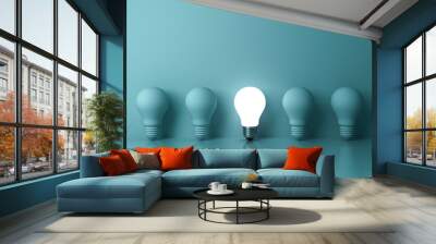 One glowing light bulb standing out from the unlit incandescent bulbs on green background with reflection , individuality and different creative idea concepts . 3D rendering. Wall mural