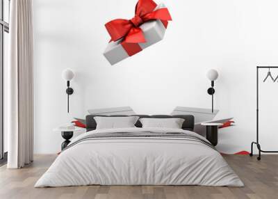 Open gift box or present box with red ribbon bow isolated on white background with shadow 3D rendering Wall mural