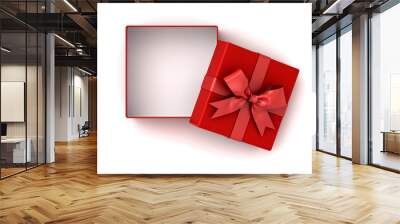 Open red gift box , Red present box with red ribbon bow and empty space in the box isolated on white background with shadow . 3D rendering. Wall mural