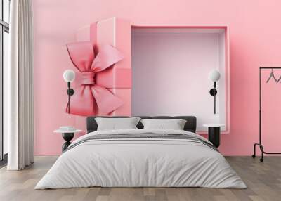 Opened gift box or top view of blank pink pastel color present box tied with pink ribbon and bow isolated on light pink background with shadow minimal conceptual 3D rendering Wall mural