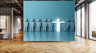 Stand out from the crowd and different creative idea concepts , One glowing light man standing with arms wide open among other people on green background with reflections and shadows . 3D rendering. Wall mural