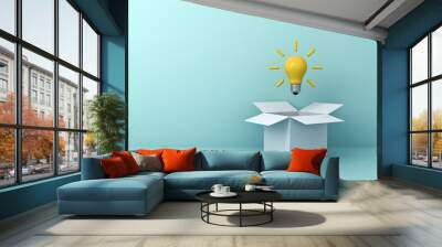 Think outside the box concept bright yellow idea bulb floating outside the white cardboard box isolated on light green blue pastel color background with shadow 3D rendering Wall mural