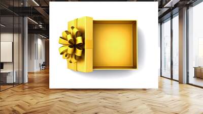 Top view of gold present box tied with golden ribbon bow or blank gold gift box open isolated on white background with shadow minimal conceptual 3D rendering Wall mural