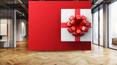 White gift box or top view of white present box tied with red ribbon bow isolated on dark red background with empty space on the left side minimal conceptual 3D rendering Wall mural