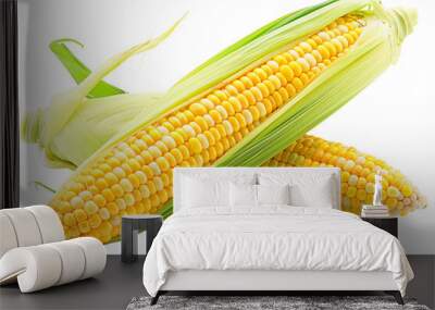 A fresh, yellow ear of corn with green husks, isolated on a background Wall mural