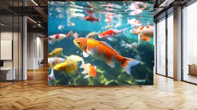 A golden goldfish with flowing fins swims in a clear aquarium Wall mural