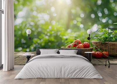 Basket of fresh red fruit on a wooden table Wall mural