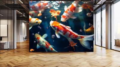 Colorful fish and koi swimming in vivid underwater world with sea life. Wall mural