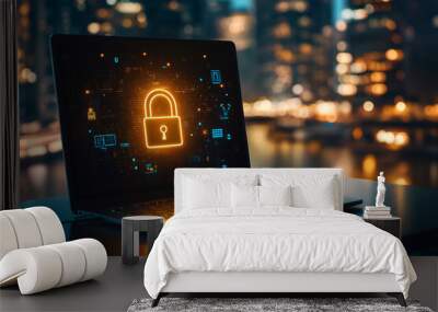 Cybersecurity Concept: Laptop with a Lock Icon on the Screen Wall mural