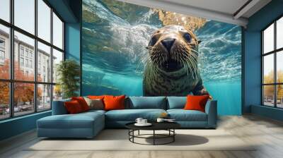 Funny sea lion swimming underwater in the ocean. Animal theme. Wall mural