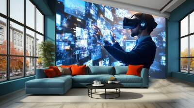 Man Exploring Digital World with VR Headset Wall mural