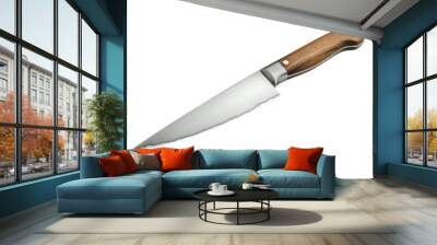 Sharp stainless steel kitchen knife isolated on a white background, a single shiny blade with a black handle, a versatile utensil for cooking and cutting Wall mural