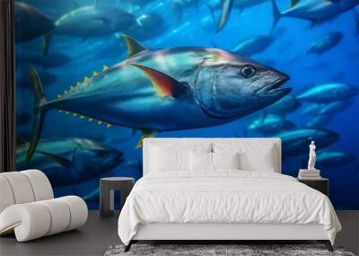 Tuna in the deep blue ocean. Underwater world. 3d rendering Wall mural