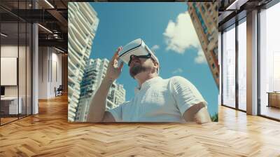 VR Urban Exploration: A man explores the virtual world through a VR headset, standing amidst towering modern buildings. The image captures the thrill of innovation and the potential of immersive techn Wall mural