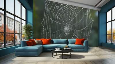 a close up of a spider web with water droplets on it Wall mural