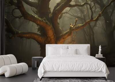 a large tree with a light shining through it Wall mural