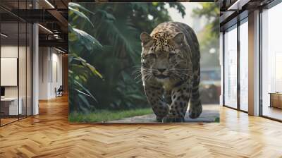 a leopard walking down a path in the jungle Wall mural