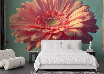 a pink flower that is in a vase on a table Wall mural