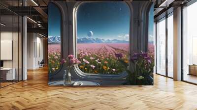 a two windows that look out onto a field of flowers Wall mural