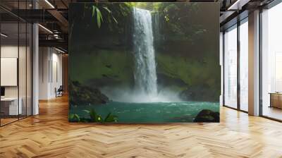 a waterfall in the middle of a jungle with a green water Wall mural