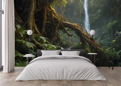 a waterfall in the middle of a jungle with a tree over it Wall mural